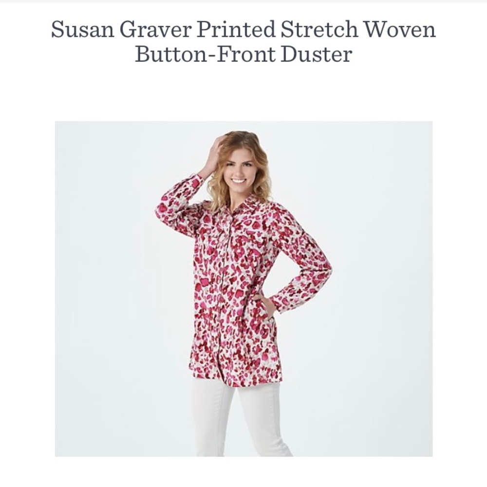 Susan Graver printed stretch woven button front duster